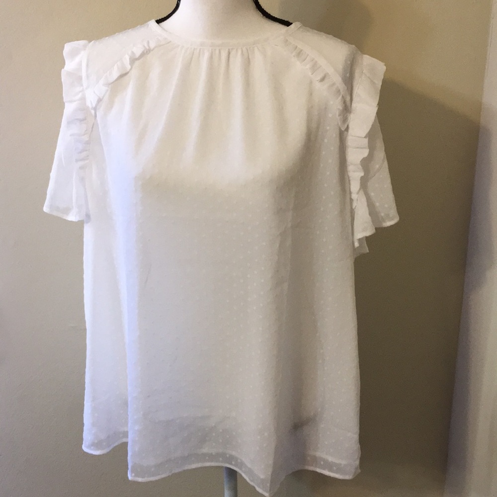 LOFT Swiss Dot Flared Sleeve Ruffle Trim Top